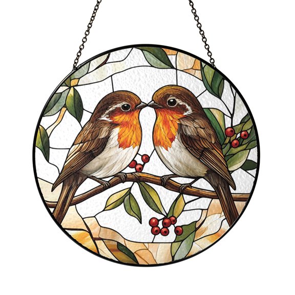 Robin Bird Stained Glass Suncatcher Window Hanging, Floral Nature Art Decor, Charming Home Gift for Bird Lovers