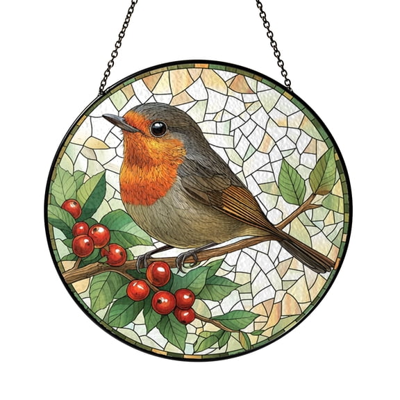 Robin Bird Sun Catcher Stained Glass Style Michigan Floral Window Hanging