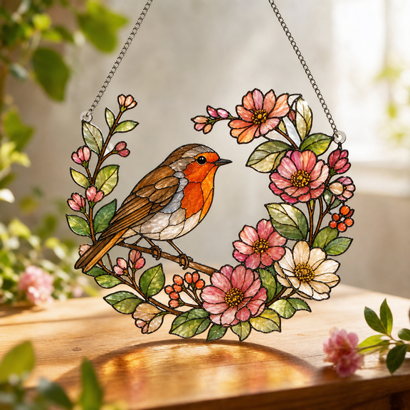 Robin Bird Suncatcher Window Hanging Stained Glass Style Floral Wreath Gift