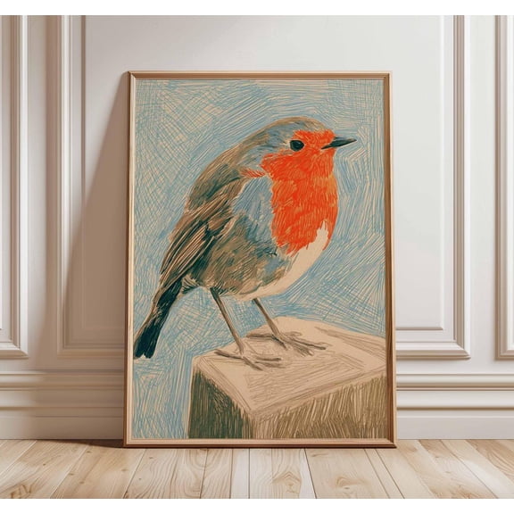 Robin Bird Wall Art Colorful Nature Inspired Woodland Illustration, Unframed Paper Poster 8x10in
