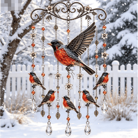 Robin Bird Wind Chime with Colorful Crystal Drops, Elegant Metal Hanging Decor for Garden, Patio and Home, Perfect for Bird Lovers