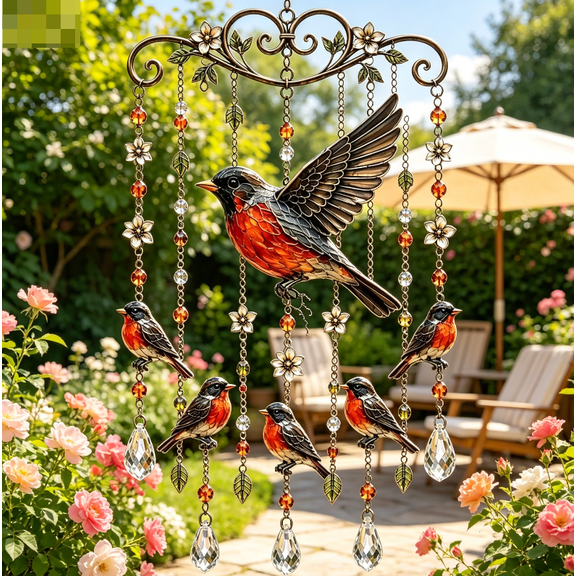 Robin Bird Wind Chime with Shimmering Crystal Drops, Handmade Hanging Decor for Bird Lovers, Suitable for Outdoor and Indoor Spaces