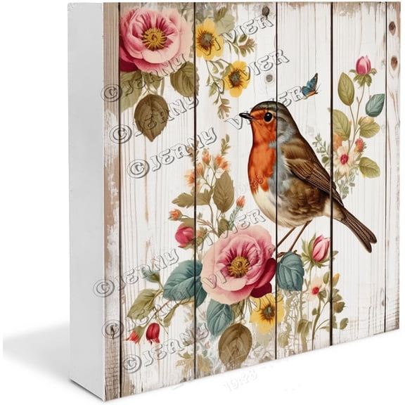 Robin Bird Wooden Box Sign Robin Bird Gifts Funny Bird Decor for Home Boho Desk Accessories Table Centerpieces for Dining Room Wood Block Signs For Shelf Desk Decoration 5x5 In