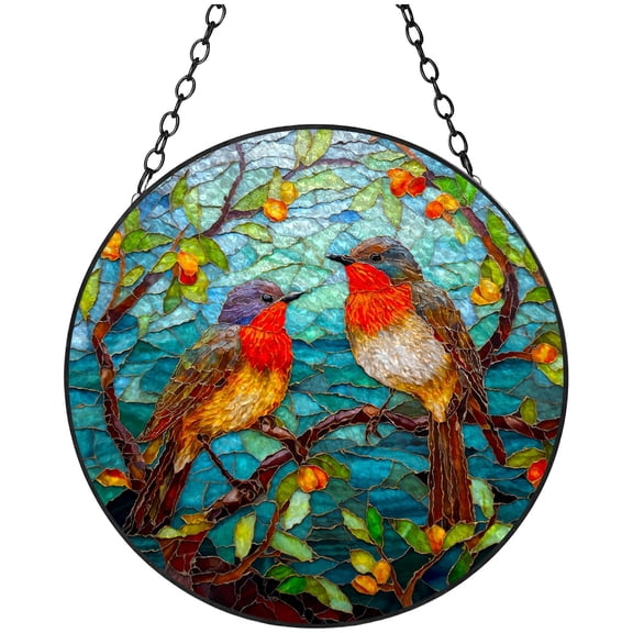 Robin Birds Stained Glass Suncatcher Handmade Window Hangings Colored Glass Suncatcher Crafts Kits for Indoor Garden Christmas Decoration 16x16cm(10)