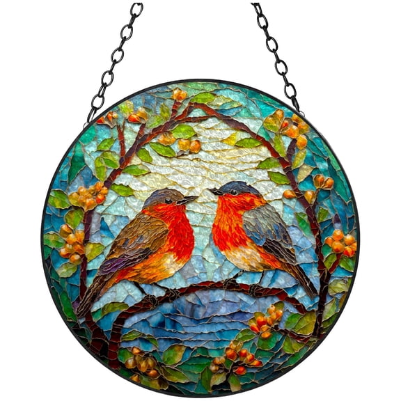 Robin Birds Stained Glass Suncatcher Handmade Window Hangings Colored Glass Suncatcher Crafts Kits for Indoor Garden Christmas Decoration 16x16cm(11)