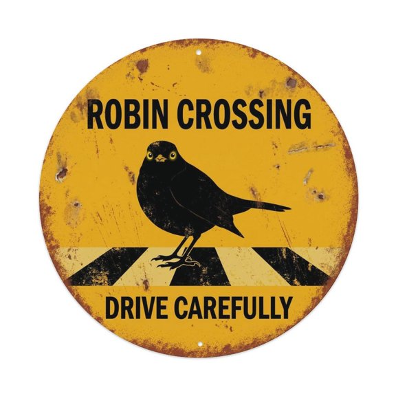 Robin Crossing Drive Carefully Vintage Vintage Metal Tin Sign Plaque Wall Decor for Cafe, Club, Garden Round Metal Poster 8x8Inch