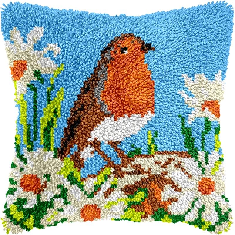 Robin & Daisies Latch Hook Pillow Kits Pillow Cover with Pattern Printed Canvas Crochet Cross Hooking Pillowcase Cushion Crafts Embroidery Latch Hooking Crochet Kits 17x17 inch(17)