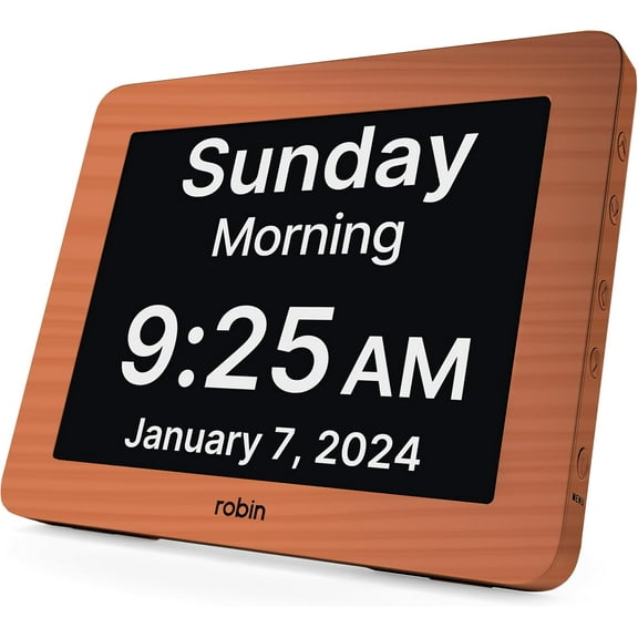 Robin Day Clock with Day and Date for Elderly, Clocks for Seniors, Dementia Clock, Digital Calendar Clock Elderly, Bedside Clocks Seniors, Alzheimers Products, Dementia Clocks, Brown Wood 8"