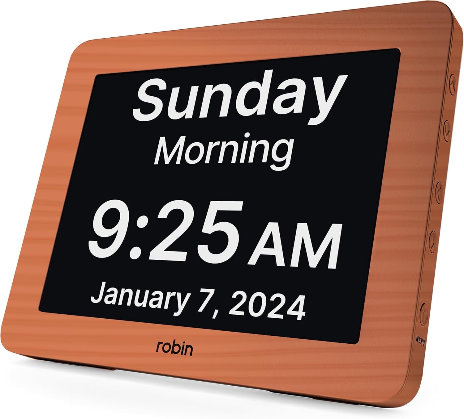 Robin Day Clock 2026 for Seniors, 8" Large Digital Calendar Dementia Clock with Talking Function, Alarms, Easy-to-Read Display for Elderly, Day Date Time, Medication Reminder, DST, Brown Wood