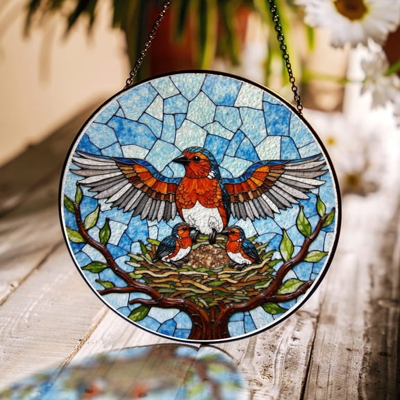 Robin Family Glass Suncatcher, Round Tree Nest and Sky Scene, Bird Decor, 3.5 in