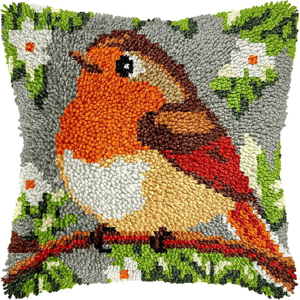 Robin & Flowers Latch Hook Kits Pillow kits Cushion Throw Pillow Embroidery Craft Kits DIY Kits of DIY Hooking Pillowcase Cover Supplier with Color Printed Canvas 43x43cm (120)