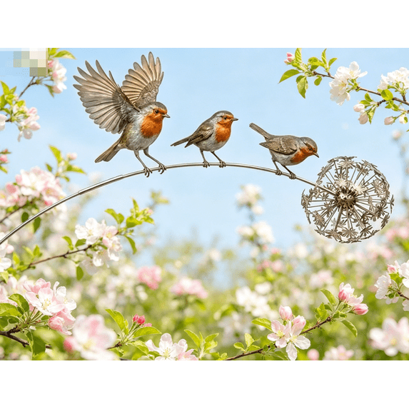 Robin Garden Stake, 3 Robin Birds and Dandelion Design, Outdoor Yard Art Stake for Lawn Patio Flower Bed Walkway
