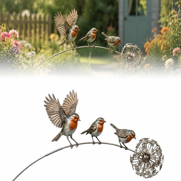 Robin Garden Stake for Plants, Rustic Robin Bird Yard Art Decorations with Dandelion Accent, Metal Robins Bird Garden Sculpture for Lawn Patio Flower Bed Walkway (Silver-1pc)