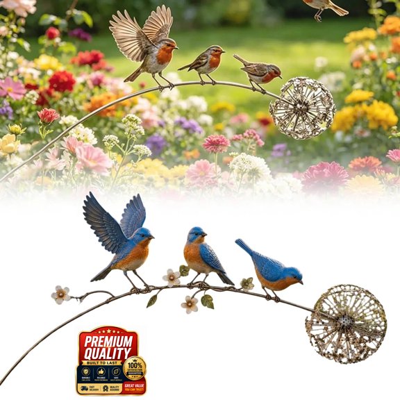 Robin Garden Stake, Rustic Metal Robin Bird Yard Art Decoration with Dandelion Accent, Outdoor Bird Sculpture for Lawn, Garden, Flower Bed, Patio & Walkway Decor