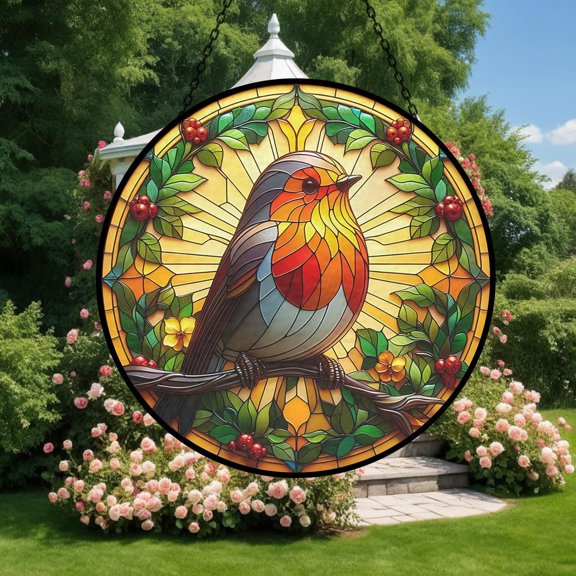 Robin Glass Suncatcher, Bird Theme Window Garden Decoration Botanical Elements Robin, 3.5 in