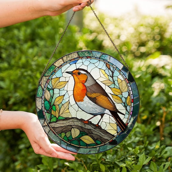 Robin Glass Suncatcher, Michigan State Bird & Flower Window Art, 3.5 in