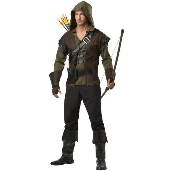 Robin Hood English Outlaw Fancy-Dress Costume for Adults with Hooded Shirt and Vest, Men's