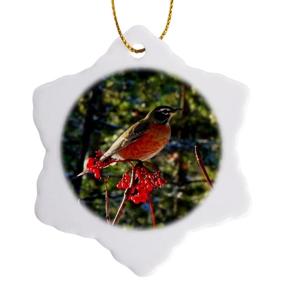 Robin In The Mountain Ash Tree 1, 3 inch Snowflake Porcelain Ornament