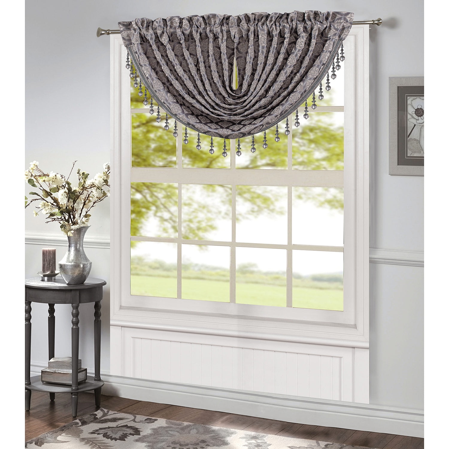 Robin Jacquard Rod Pocket Waterfall Window Valance with Beads, Grey ...