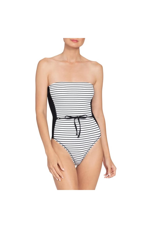 Sailor Stripe Bandeau One-Piece Swimsuit, White/Black, 14