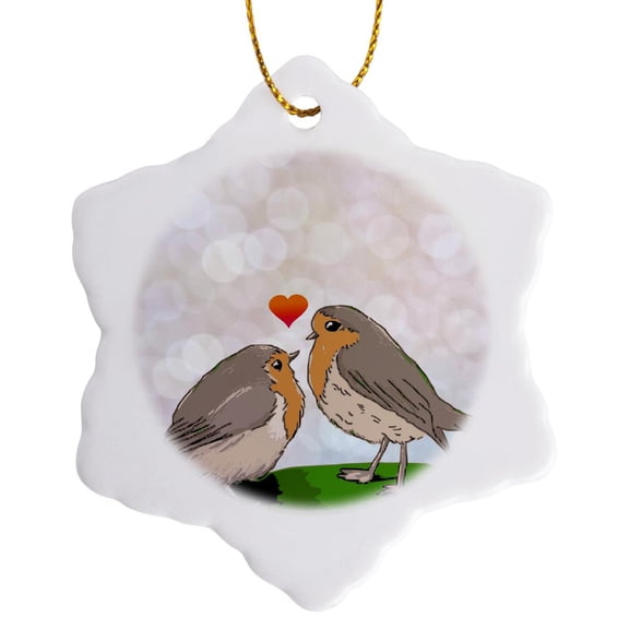 Robin Red Breast Bird Love Bokeh - Cute Romantic Birds Art Mom And Chick Mothers Day Or Couple Gift, 3 inch Snowflake Porcelain Ornament