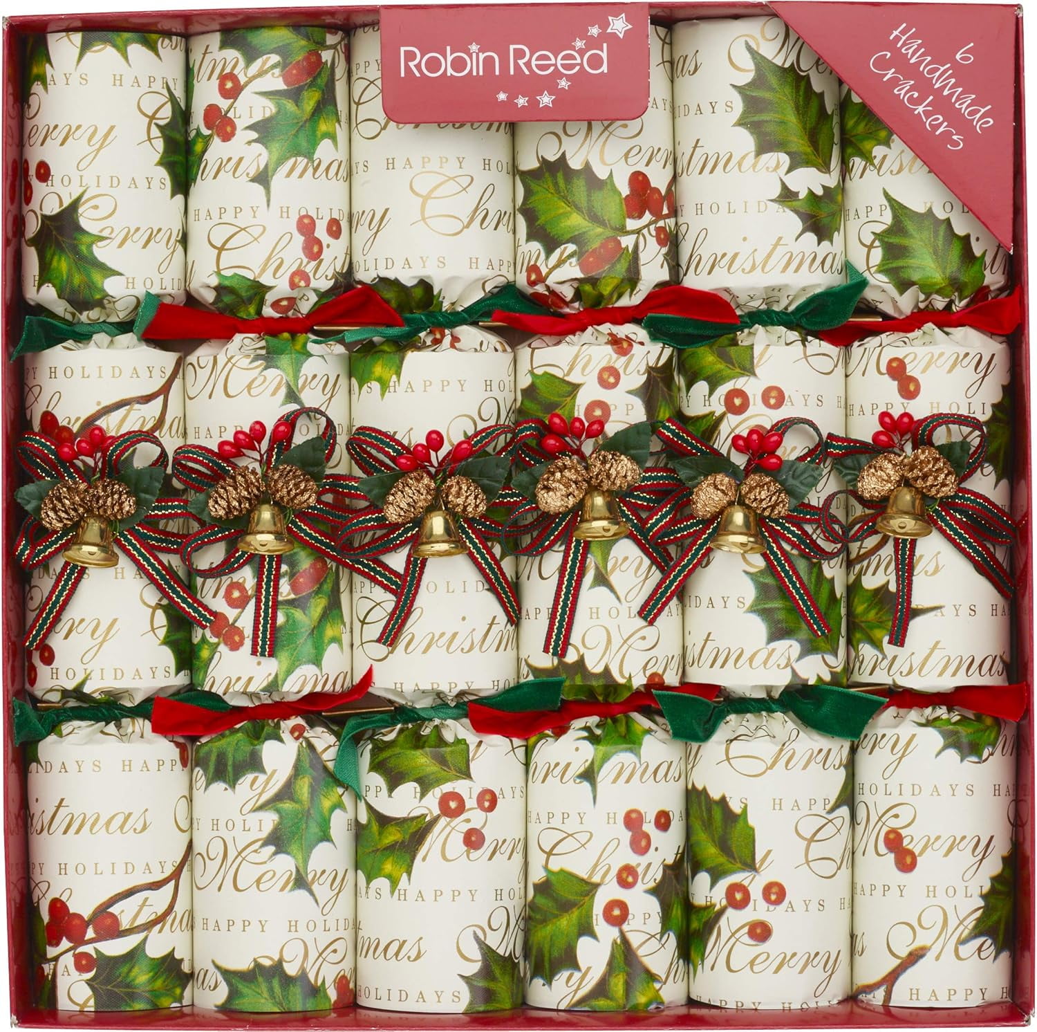 Robin Reed 12" Crackers, Holly Berry with Pine Cones and Bells Box of