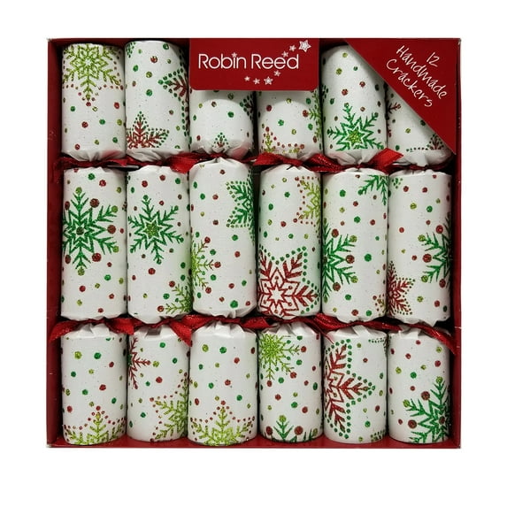 Robin Reed English Holiday Christmas Crackers, Pack of 12 - 10" Multi Glitter Snowflake
