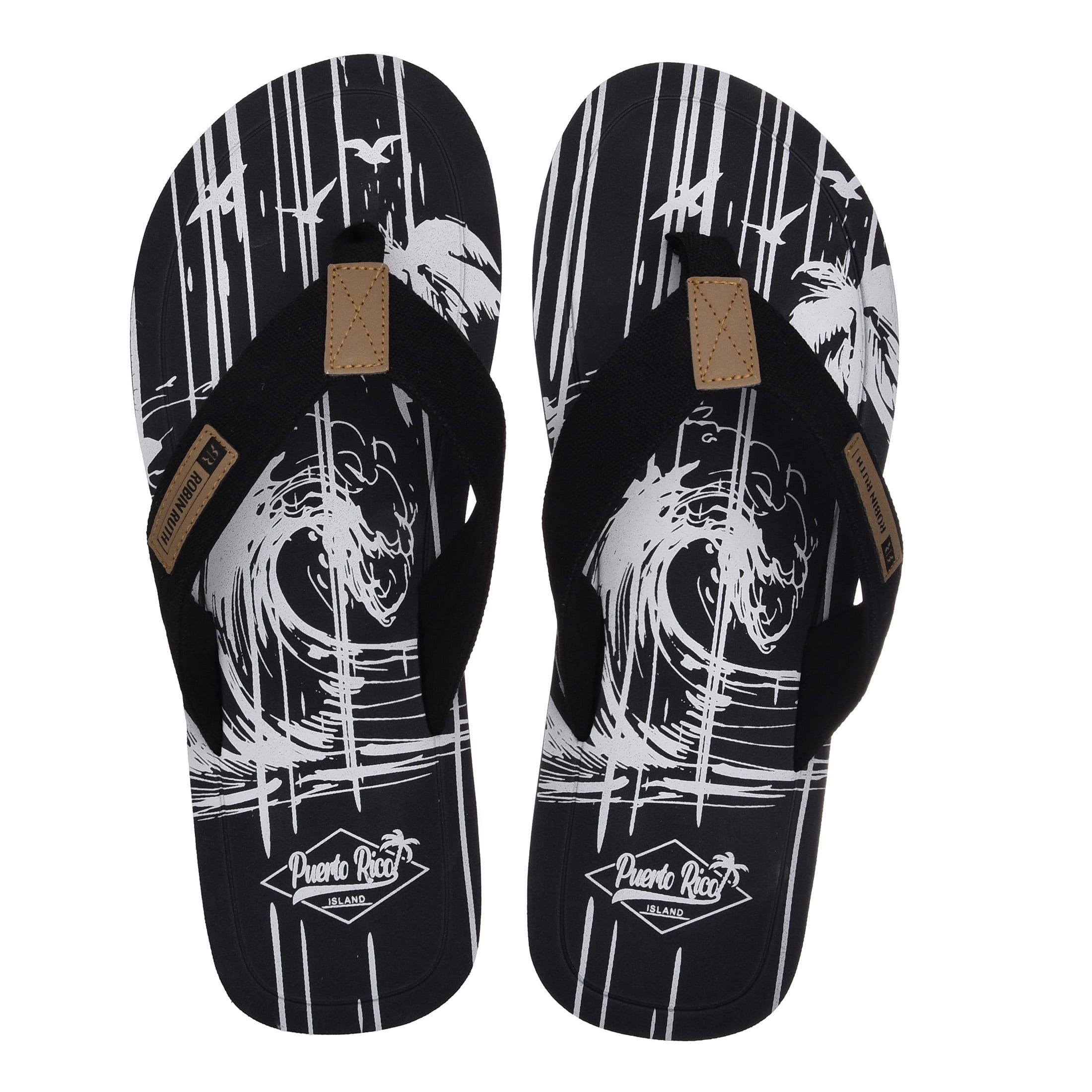 Robin Ruth Mens Flip Flop Black, Designed with Typical Puerto Rico Stamps, Rubber Outsole, Vibrant Colors and Designs
