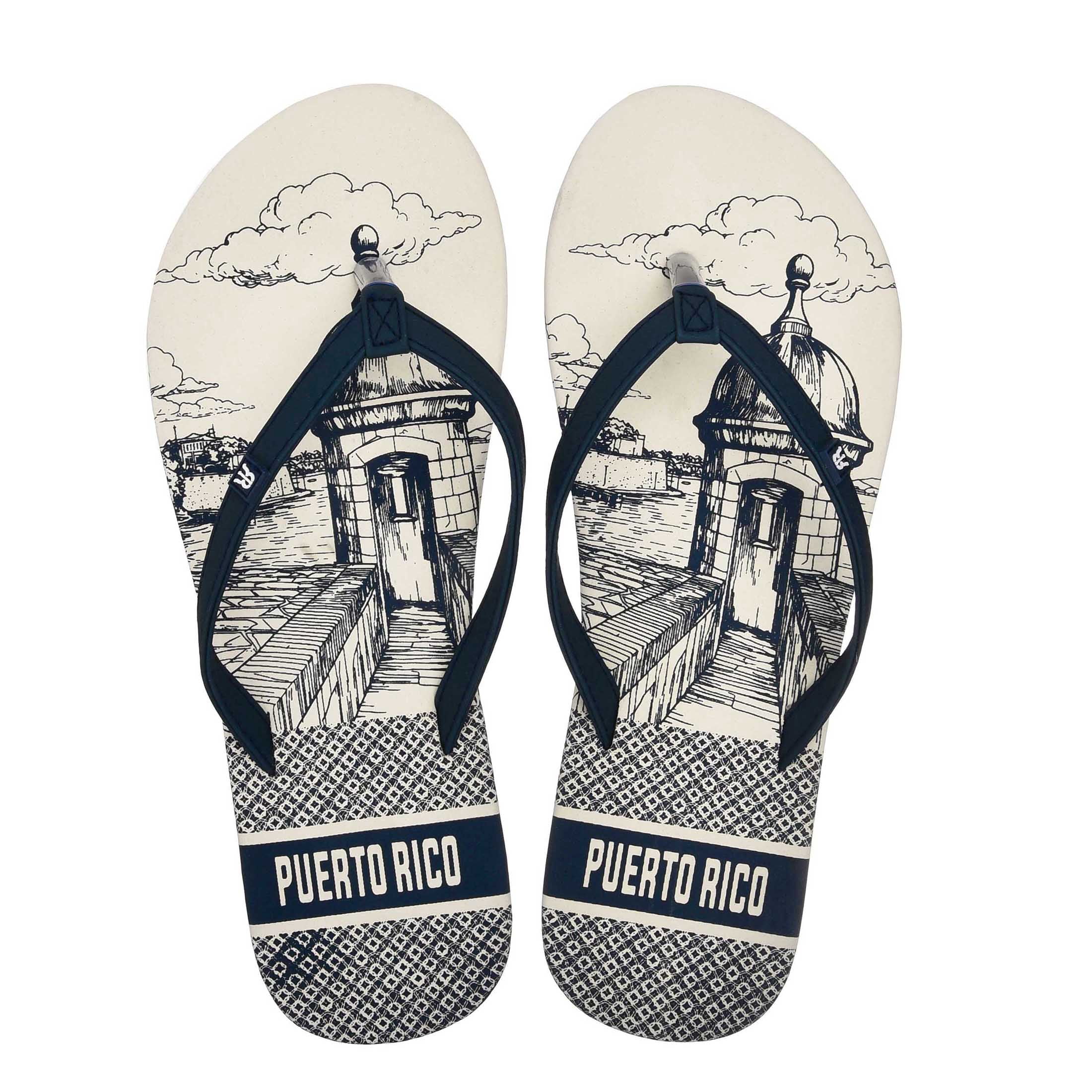 Robin Ruth Womens Flip Flop Navy, Designed with Typical Puerto Rico Stamps, Rubber Outsole, Vibrant Colors and Designs