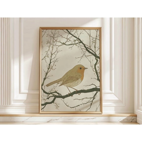 Robin Songbird Branch Japandi Neutral Wall Art Home Decor