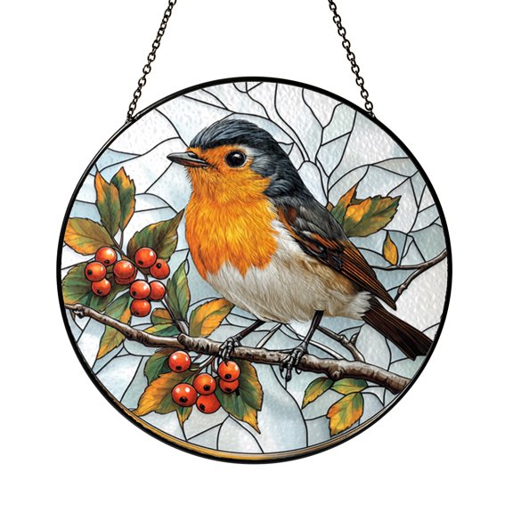 Robin Stained Glass Suncatcher, Flower Design Window Hanging, Gift for Nature Enthusiast