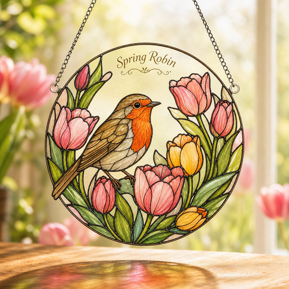 Robin Tulip Glass Suncatcher Window Hanging, Spring Bird Flower Gift