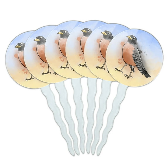 Robin Watercolor Northeastern Bird Cupcake Picks Toppers Decoration Set of 6