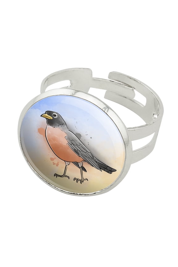 Robin Watercolor Northeastern Bird Silver Plated Adjustable Novelty Ring