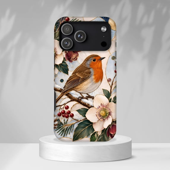 Robin, White Flowers and Red Berries Tough Phone Case for Apple iPhone ...