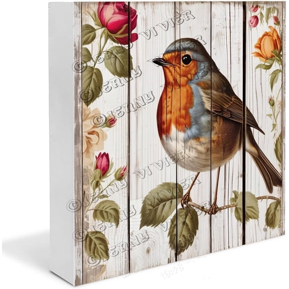 Robin Wooden Box Sign Robin Bird Gifts Funny Bird Decor for Bathroom Boho Girls Room Decor Desk Centerpiece Wood Block Signs Housewarming Gifts 7x7 In