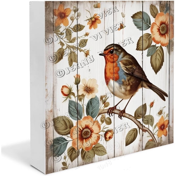 Robin Wooden Box Sign Robin Bird Gifts Funny Bird Sign for Office Boho Living Room Decor Table Centerpiece Shelf Wood Block Signs Housewarming Gifts 7x7 In