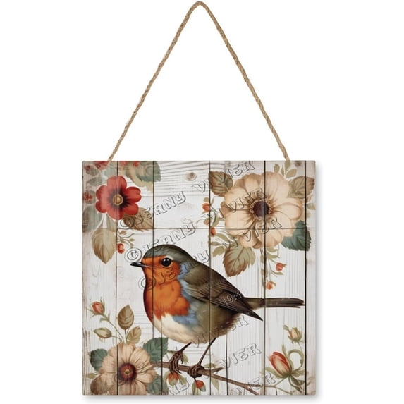 Robin Wooden Sign Robin Bird Hanging Wood Plaques Wildlife Robin Rustic Garden Kitchen Living Room Flower Shop Wall Decor Home Decorative Sign 12x12 Inch