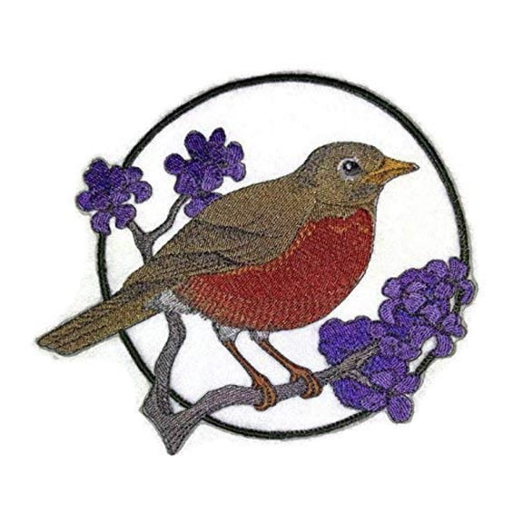 Robin and Lilac Circle Embroidered Iron on/Sew Patch [5.9" X 5.9"]