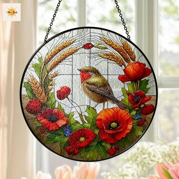 Robin and Poppies Stained Glass Suncatcher - Spring Bird Window Art, Thanksgiving Gift, Tis The Season Png, Thanksgiving Decor,