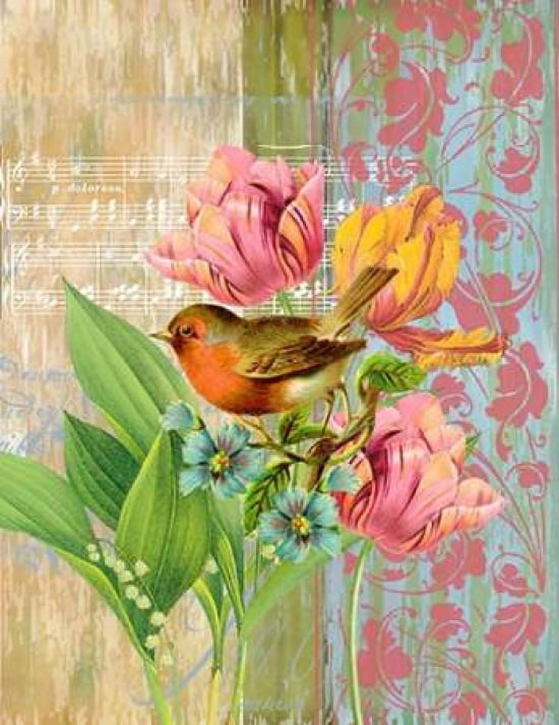 Robin and Tulips Canvas Art - Walter Robertson (22 x 28)