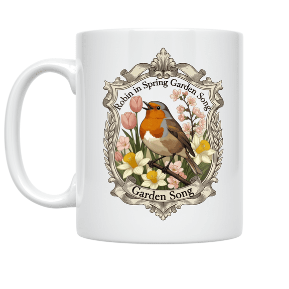 Robin in Spring Garden Song - Nature Lover - 11 oz Ceramic Coffee Mug