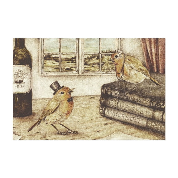 Robin love - Drawing Bird Vintage Humor Surrealism Fashion Art Deco Rustic Unframed Wall Art Print 5 x 7 inches