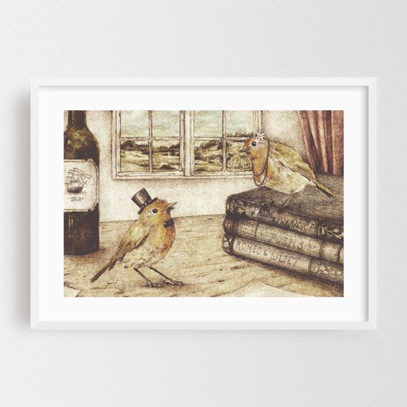 Robin love - Drawing Bird Vintage Humor Surrealism Fashion Art Deco Rustic White Framed Wall Art Print 20 x 30 inches