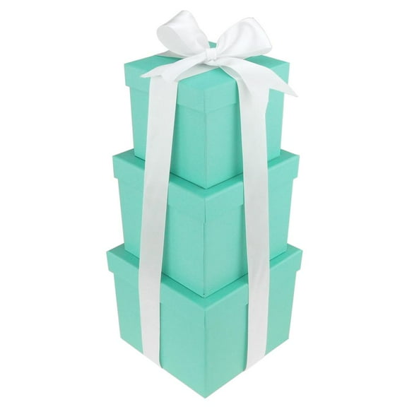 Robin's Egg Blue Nested Square Gift Boxes, White Satin Ribbon, 5-inch, 6-inch, 7-inch, 3-piece