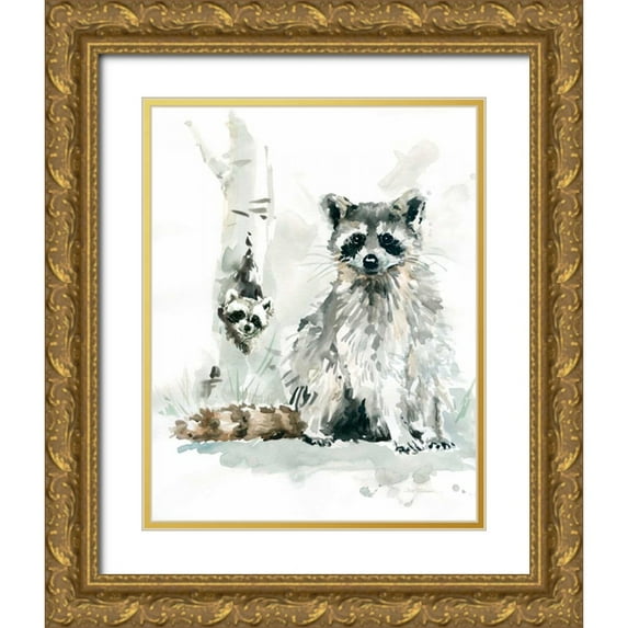 Robinson, Carol 12x14 Gold Ornate Wood Framed with Double Matting Museum Art Print Titled - Raccoon and Baby
