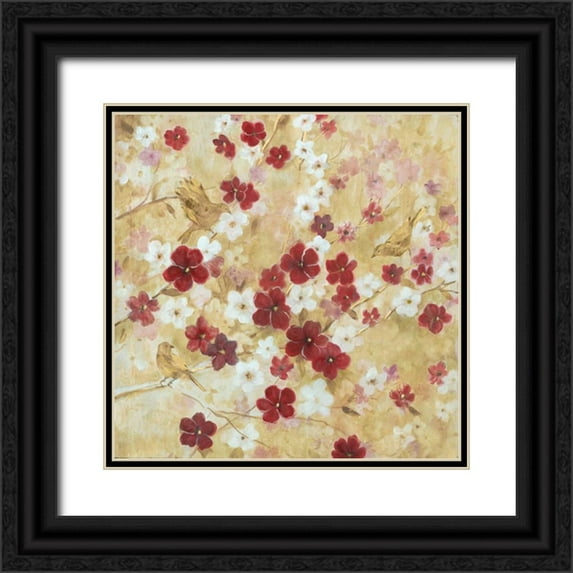 Robinson, Carol 26x26 Black Ornate Wood Framed with Double Matting Museum Art Print Titled - Cherry Blossoms and Birds