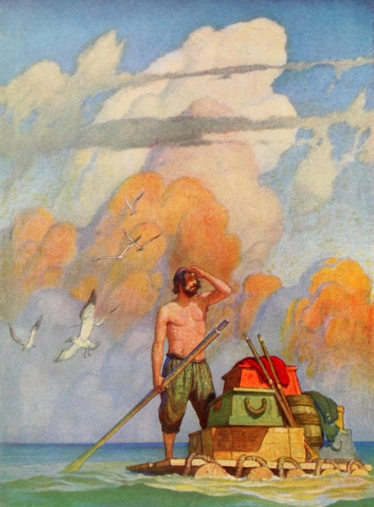 Robinson Crusoe 1920 For a mile my raft went well Canvas Art - Newell C Wyeth (18 x 24)