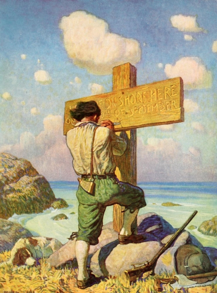 Robinson Crusoe 1920 I set up the cross on shore Canvas Art - Newell C Wyeth (24 x 36)
