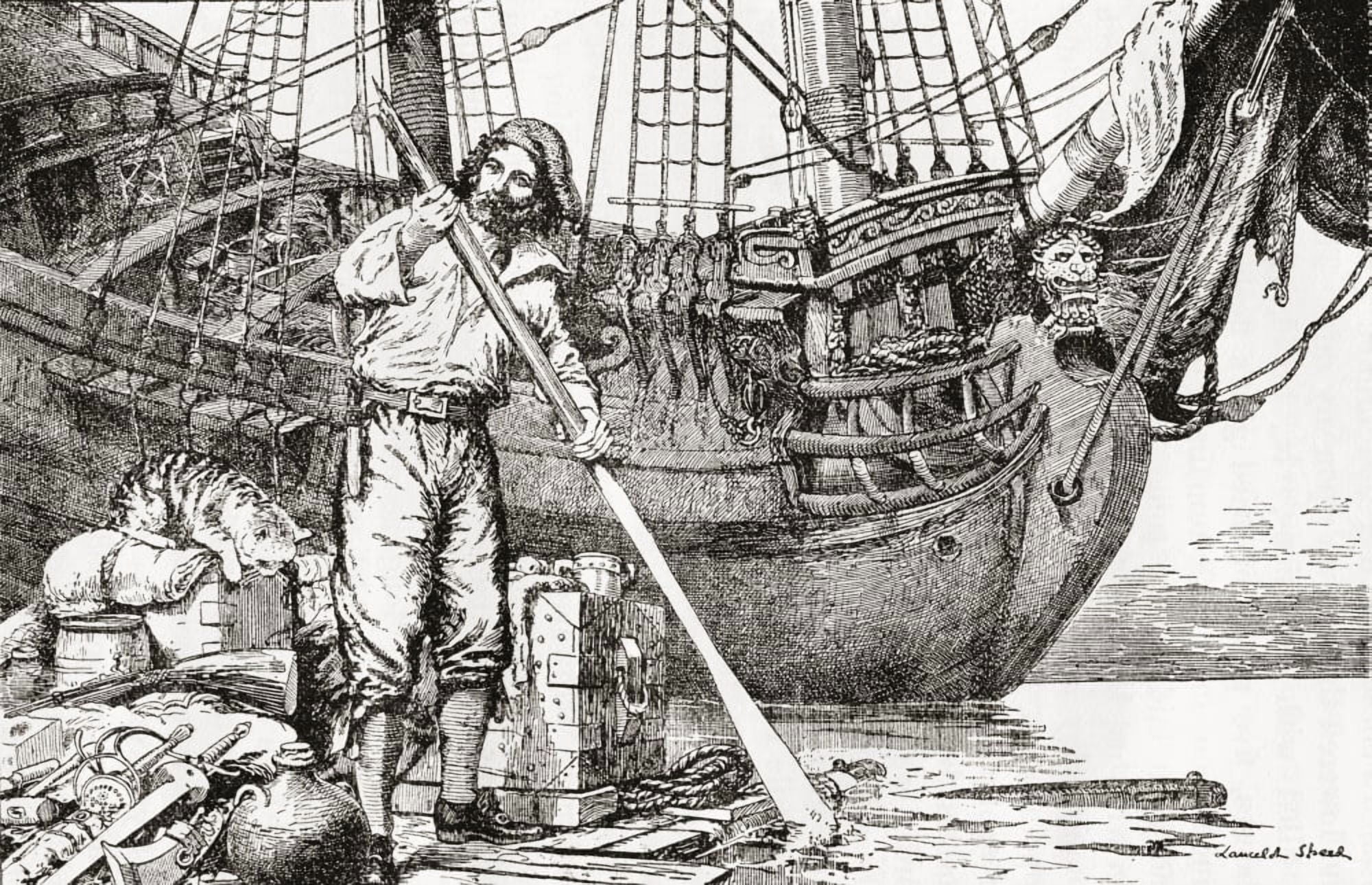 Robinson Crusoe rowing to safety on a raft after being shipwrecked From Adventures of Robinson Crusoe published 1908 Canvas Art - Ken Welsh Design Pics (17 x 11)
